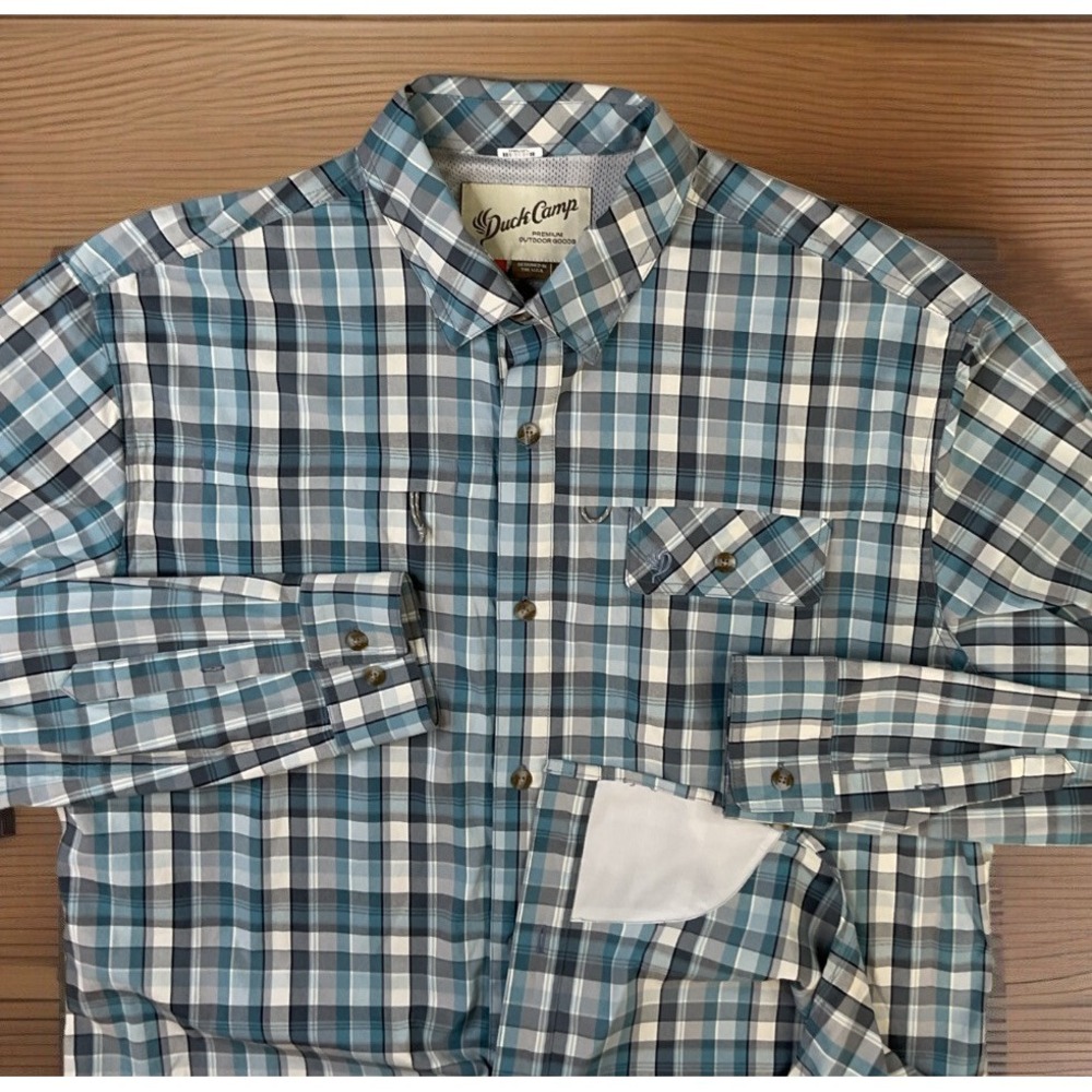 Duck Camp Vented Shirt Sz XL Tall Plaid Long Sleeve Nylon Stretch Button Up Blue